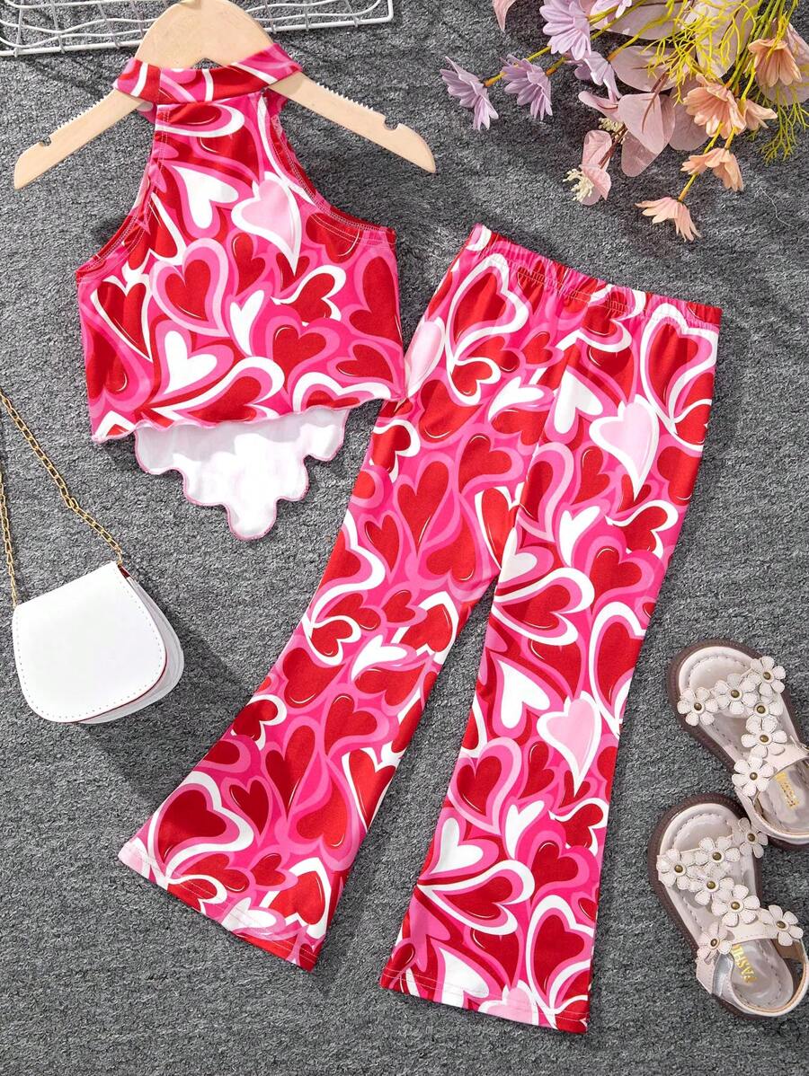SHEIN Young Girl Fashionable Sweetheart Halter Neck Top With Flare Pants