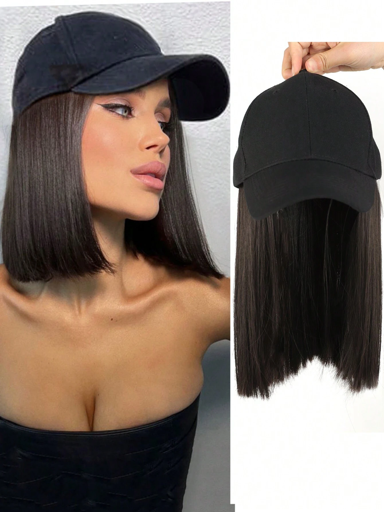 SHEIN 10 Inches Synthetic Straight Hair Extensions With Black Baseball Cap Wig For Woman Girls Heat-Resisting Fiber Casual Daily