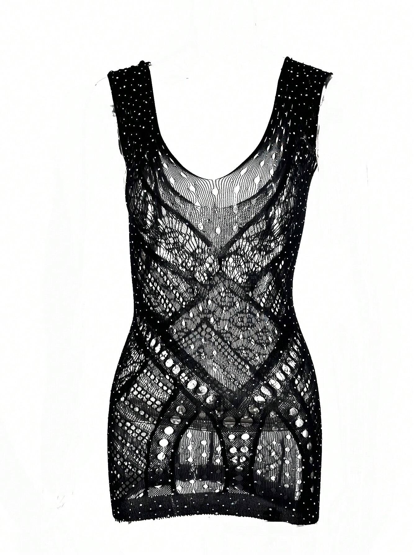 SHEIN 1PC Rhinestone Studded Sexy One-Piece Fishnet Bodycon Dress, - Image 3