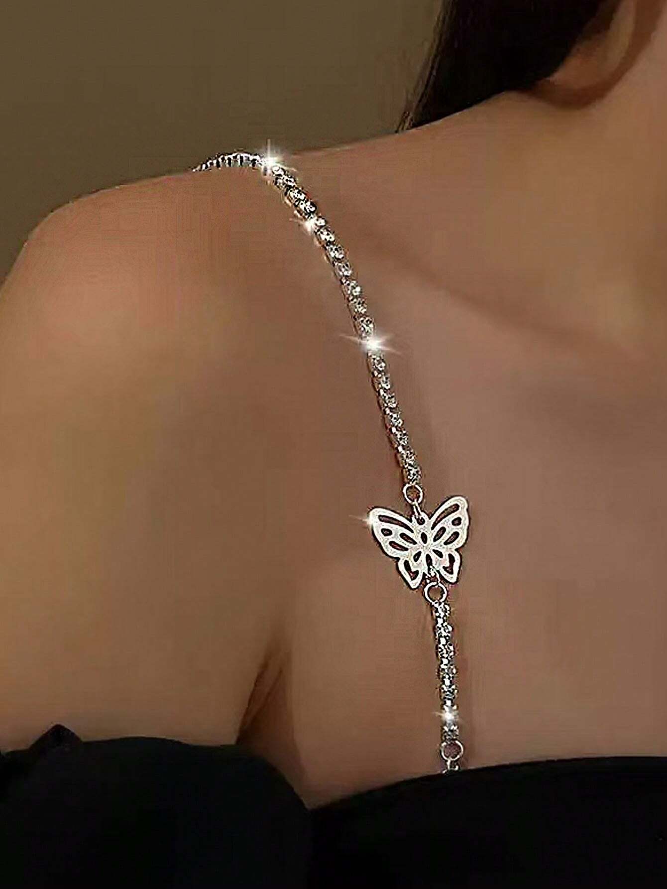 shein 1 Pair Women Butterfly Rhinestone Bra Straps, Adjustable Sexy Hollow Shoulder Strap