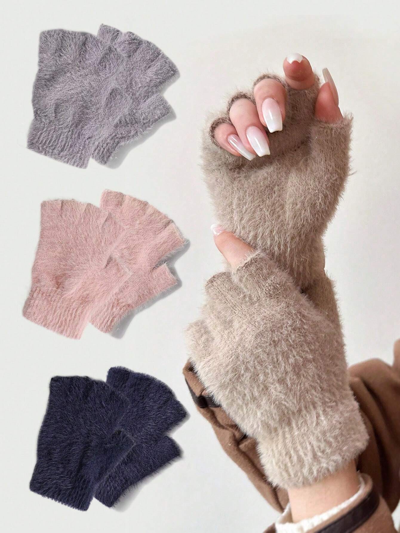 shein 1 Pair Women Half Finger Fingerless Gloves Winter Warm Elastic Typing Gloves
