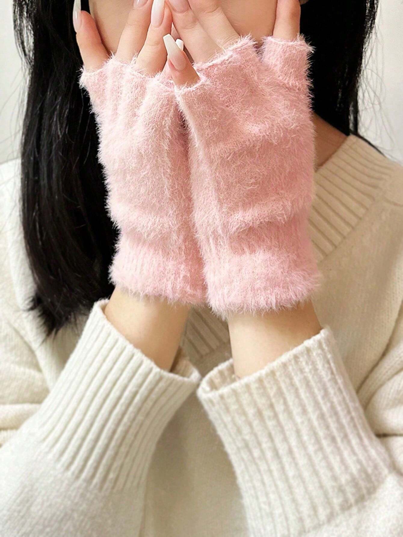 shein 1 Pair Women Half Finger Fingerless Gloves Winter Warm Elastic Typing Gloves - Image 2