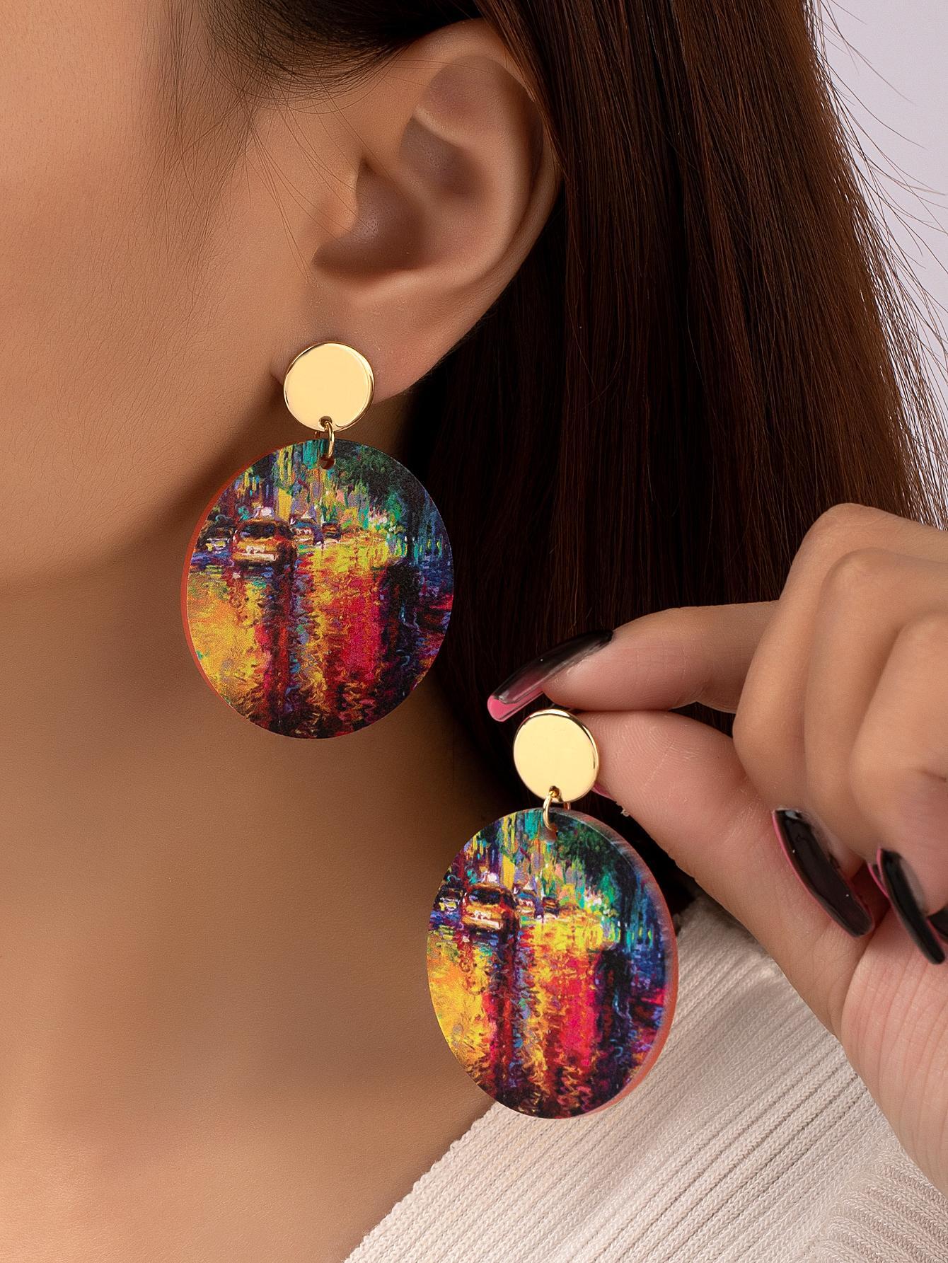SHEIN 1pair Fashionable Personality Neon Lights Acrylic Printed Drop Earrings