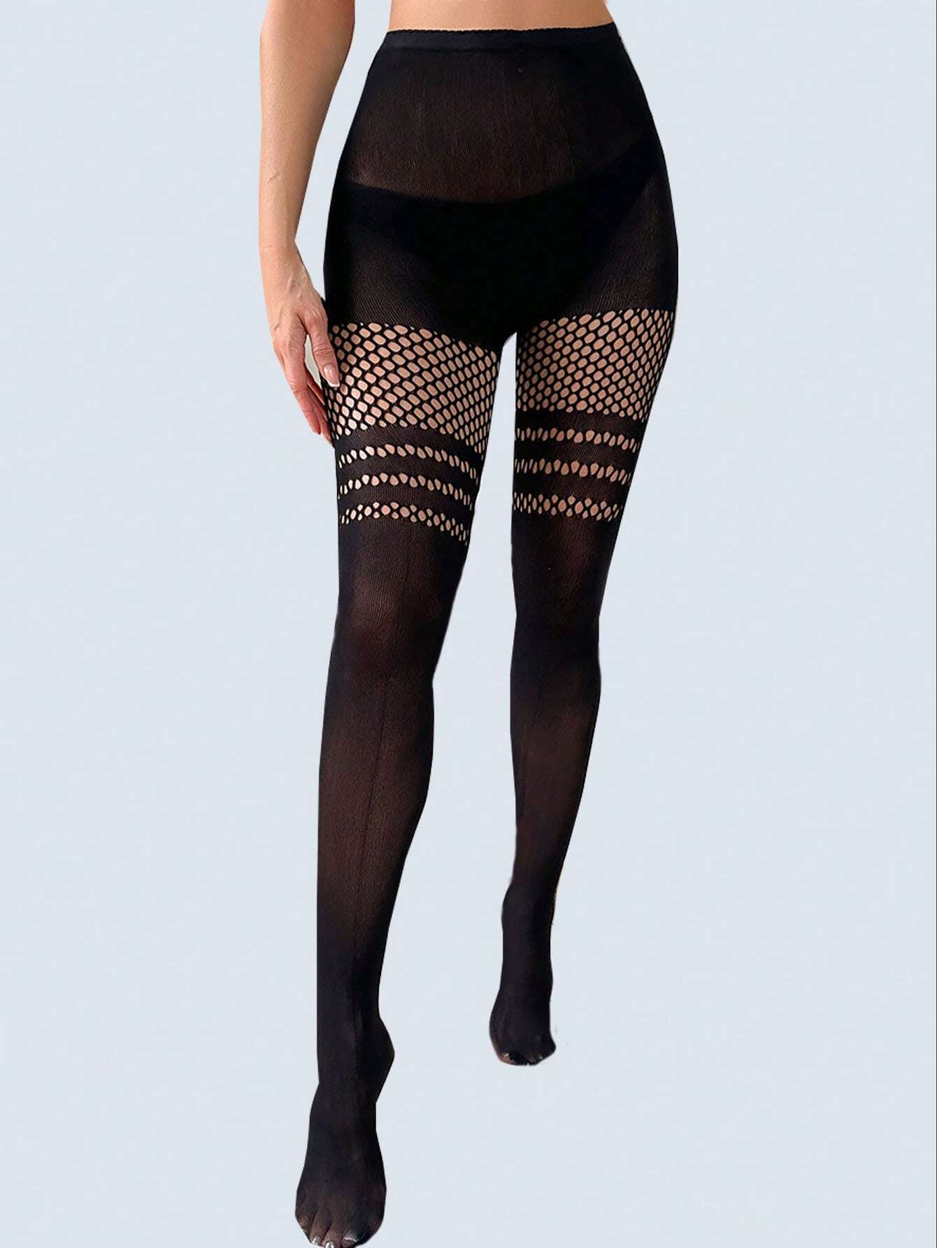 SHEIN 1pair Ladies' Black Sheer Patterned Pantyhose Sexy Hollow Fishnet Stockings Femme Fatale Leg Decor Silk Stockings