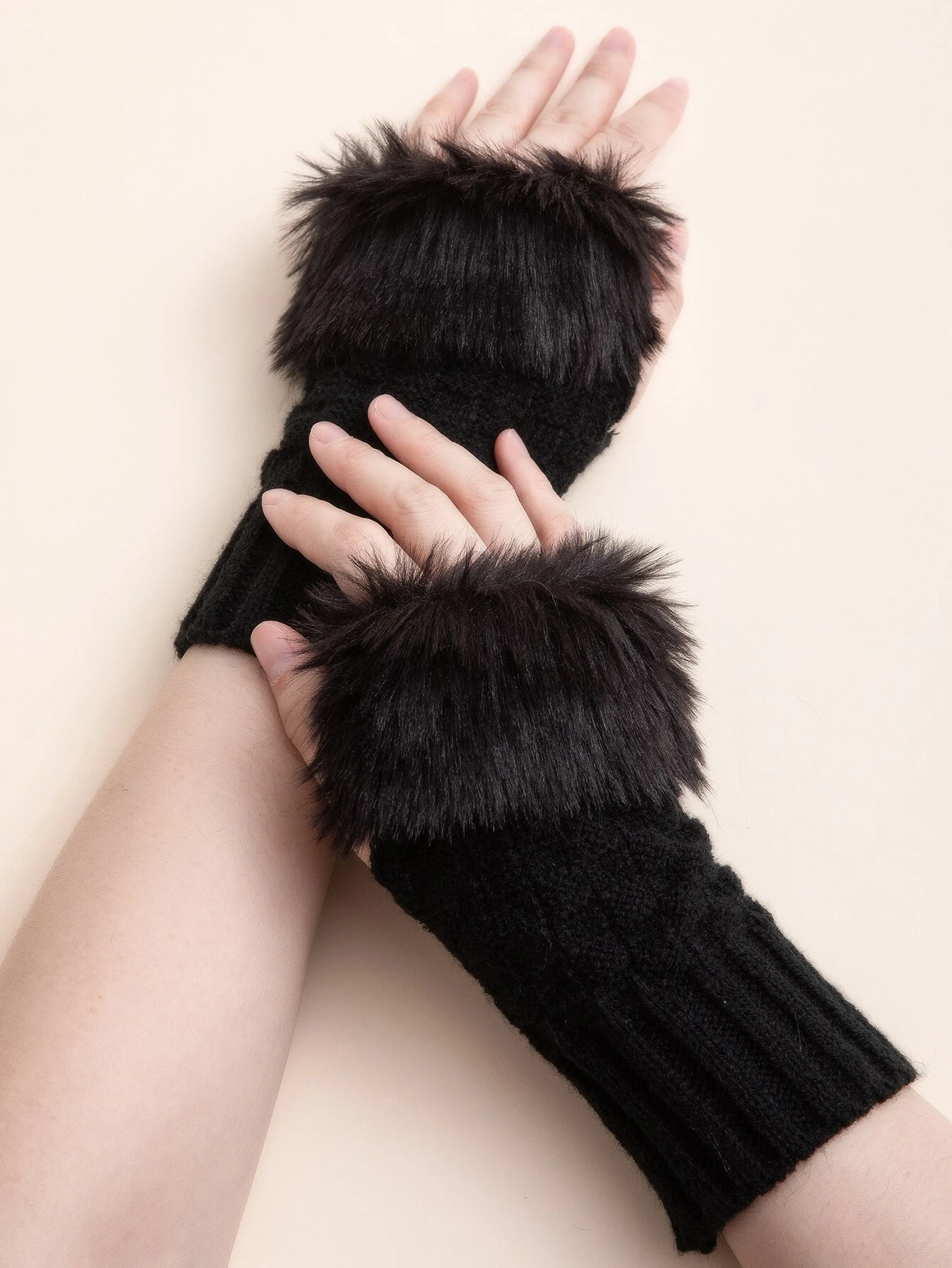 shein 1pair Plain Knitted Fluffy Fingerless Gloves Arm Sleeves For Daily Life Party