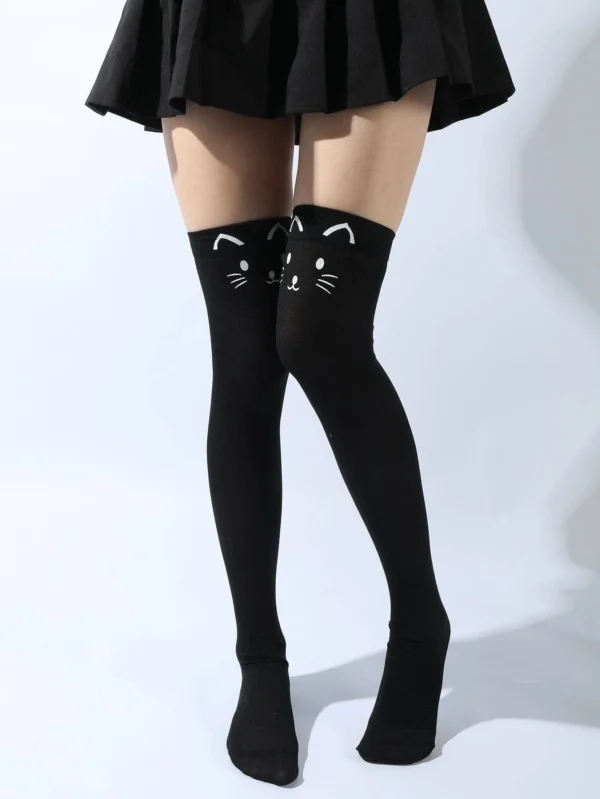 shein 1pair Women Cartoon Cat Graphic Fashion Over The Knee Socks, For Summer