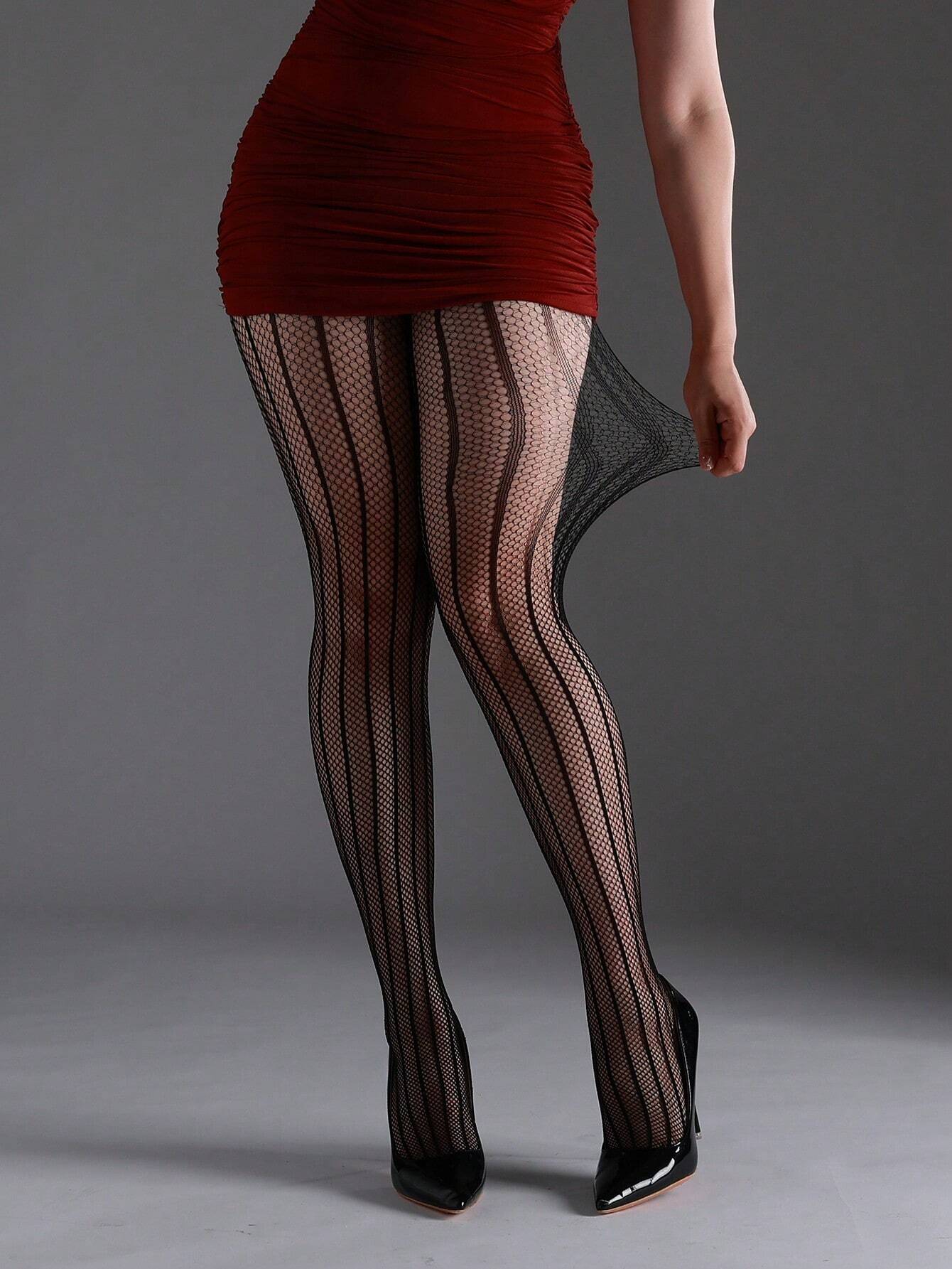 SHEIN 1pc High Elastic Vertical Striped Fishnet Skinny Tights Women Fashionable Sexy Black - Image 2