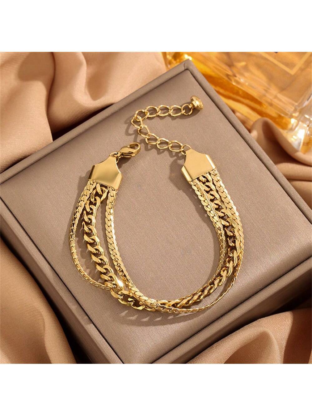 shein 1pc Stainless Steel 18k Plated Triple Layered Crossed Hand Chain Bracelet, French-Style