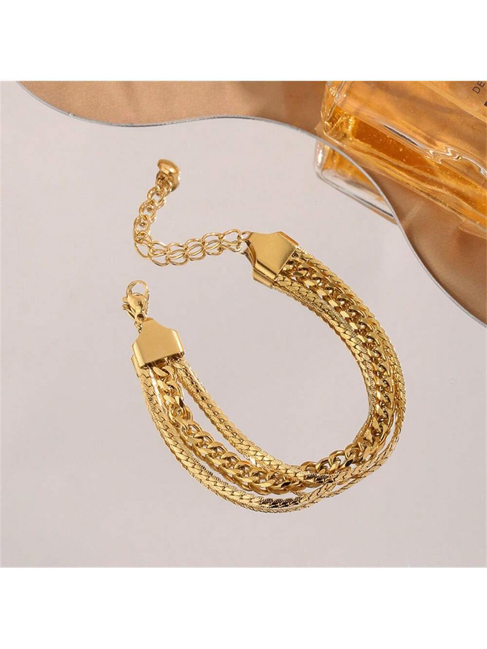 shein 1pc Stainless Steel 18k Plated Triple Layered Crossed Hand Chain Bracelet, French-Style - Image 2