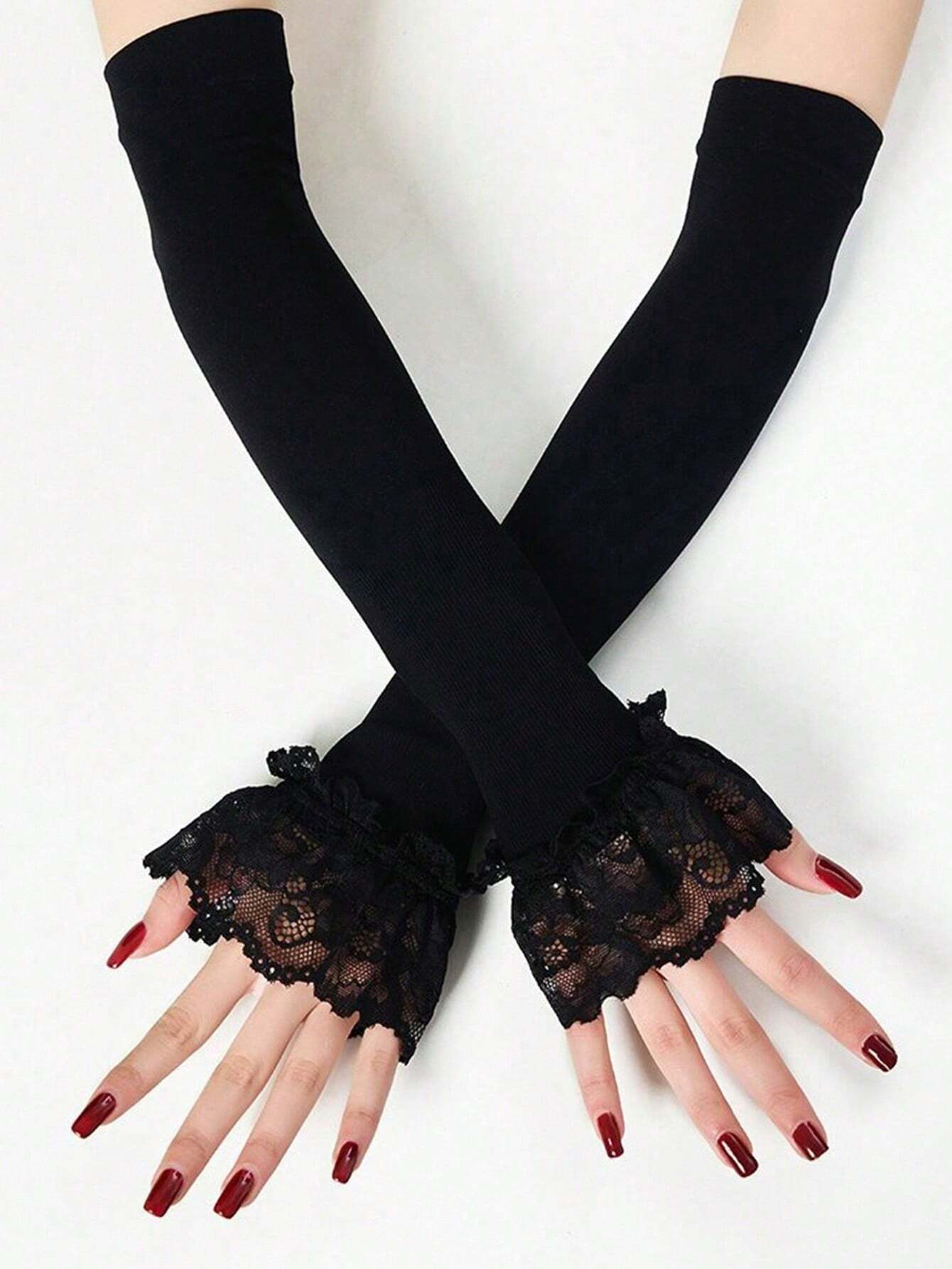 shein 1pc Summer Women's Lace Ice Silk Sleeve Anti-UV Sheer Trumpet Sleeve Outdoor Arm Cover - Image 2