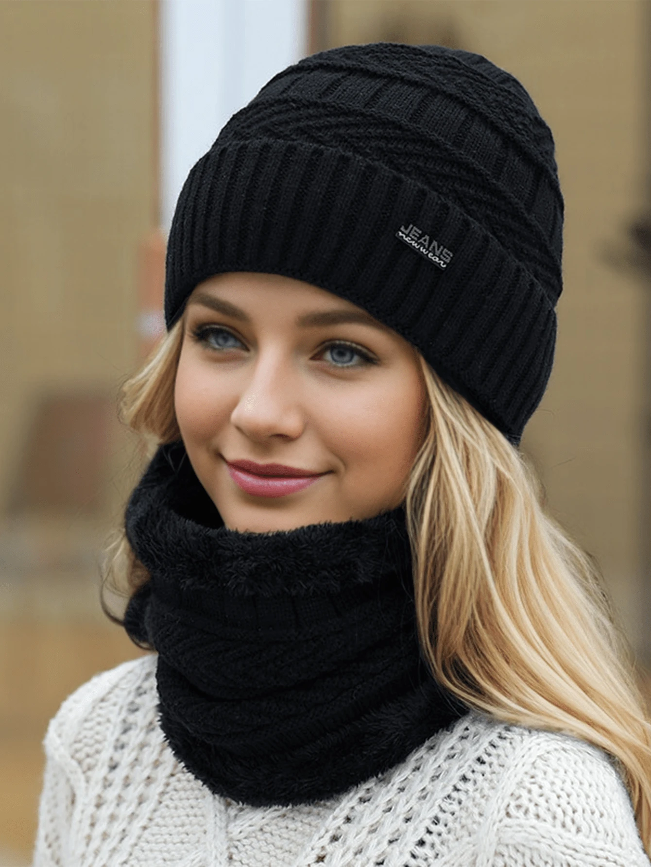 shein 1pc Women's Outdoor Solid Color Knitted Beanie & Neck Warmer Set, Unisex, Warm, Casual