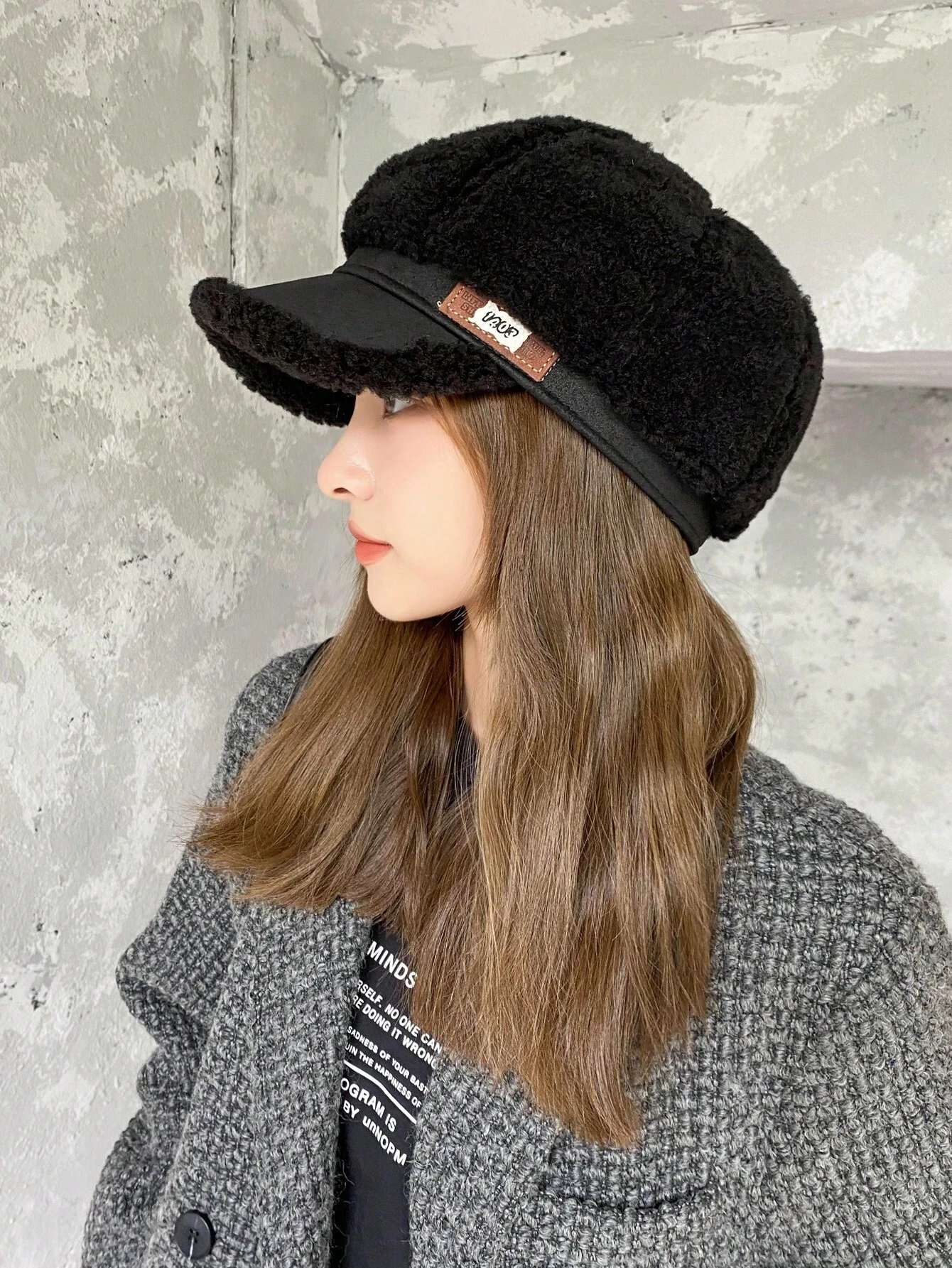 shein 1pc Women's Solid Color Plush Beret Hat, Thickened & Warm, Baseball Cap,