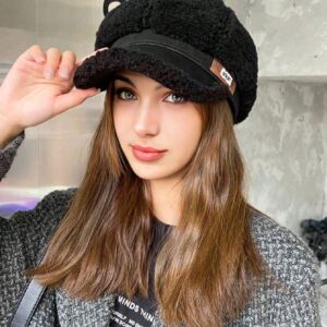 shein 1pc Women's Solid Color Plush Beret Hat, Thickened & Warm, Baseball Cap,