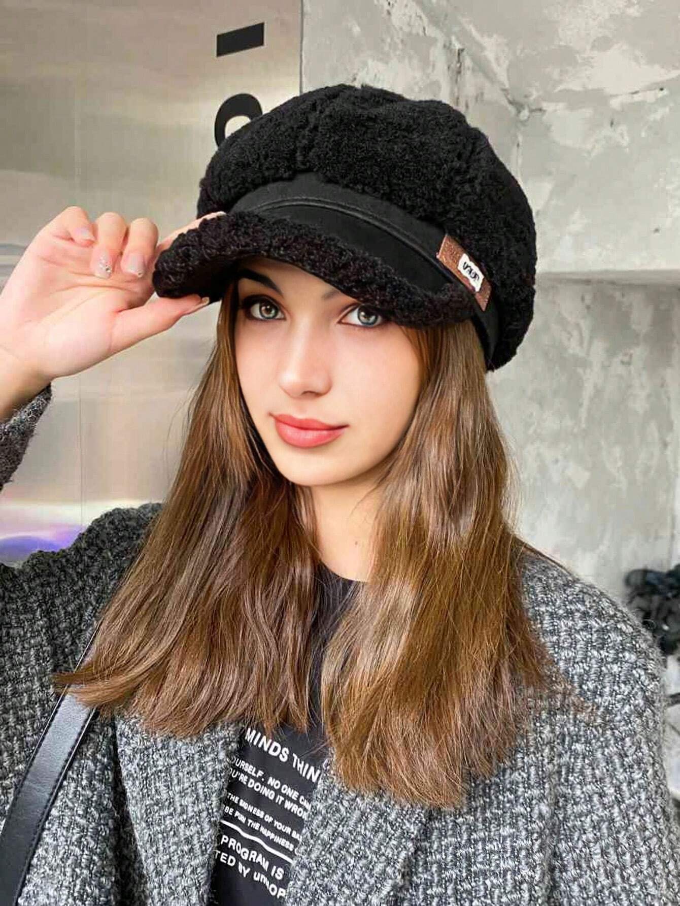 shein 1pc Women's Solid Color Plush Beret Hat, Thickened & Warm, Baseball Cap,