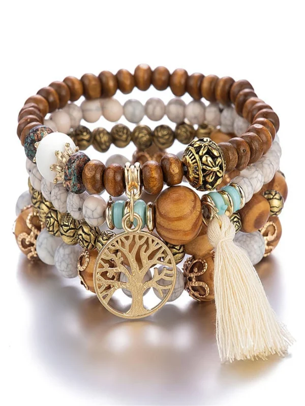 shein 1set Bohemian Tassel & Hollow Out Tree Decor Beaded Bracelet