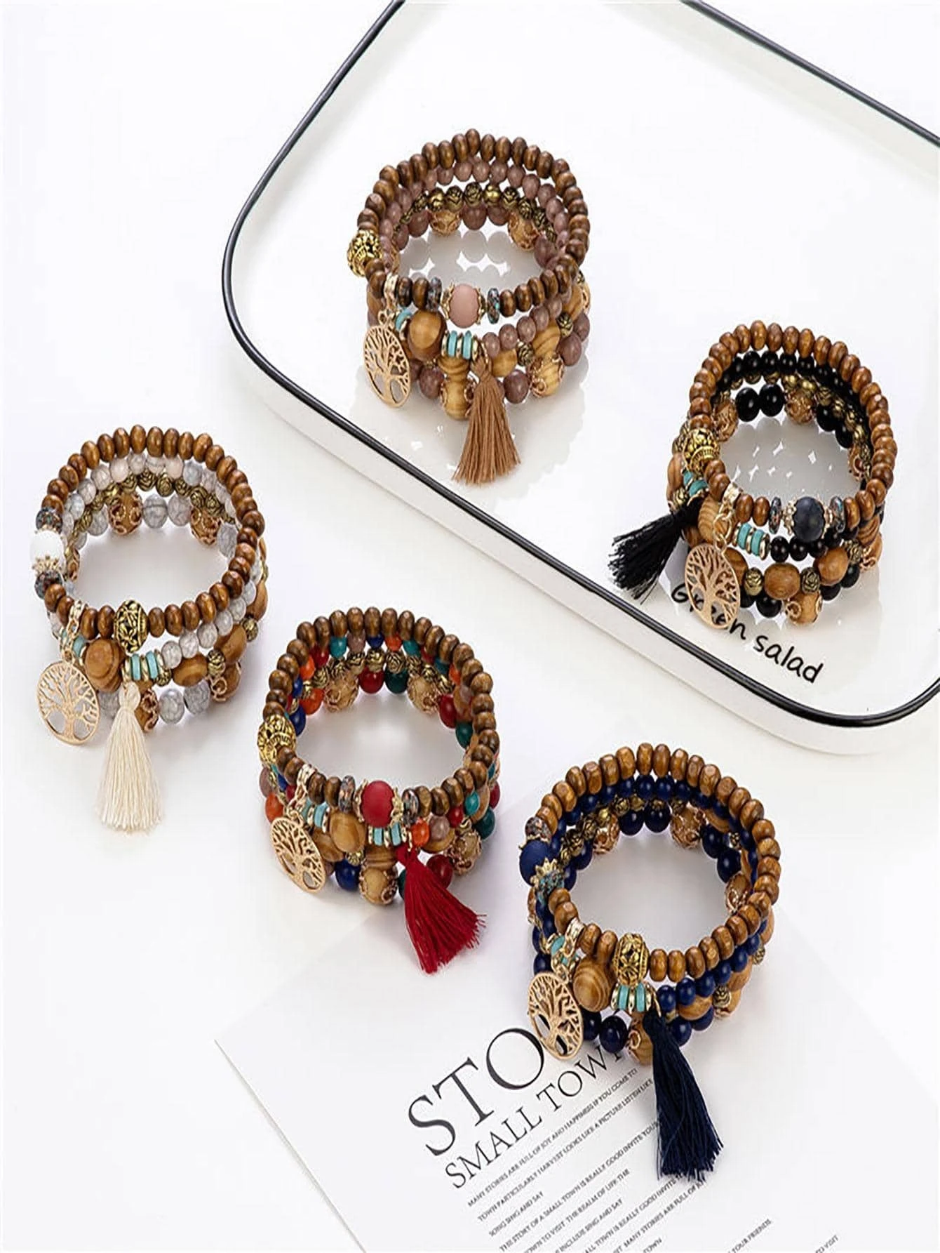 shein 1set Bohemian Tassel & Hollow Out Tree Decor Beaded Bracelet - Image 2