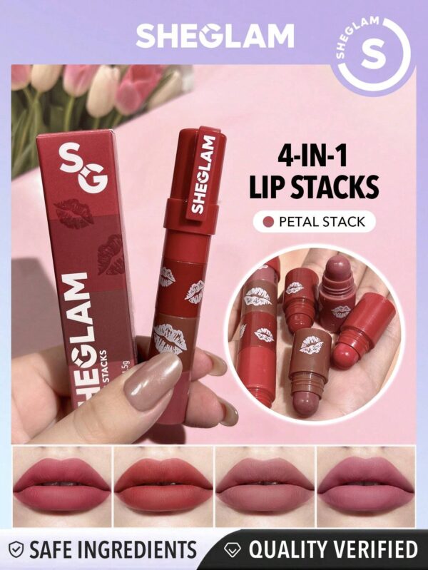 SHEGLAM Mega Lip Stacks-Pink-Petal Stack 4 In 1 Creamy-Matte Red Lipstick Kit High Pigment