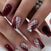 SHEIN 24pcs/Set Long Square Shaped Wine Red Color Glitter French Design Nail