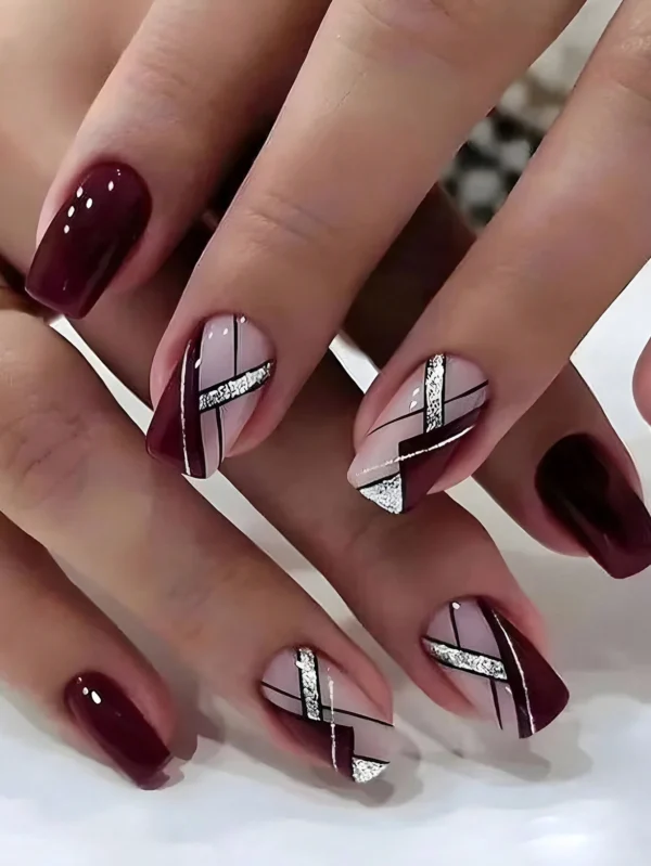 SHEIN 24pcs/Set Long Square Shaped Wine Red Color Glitter French Design Nail