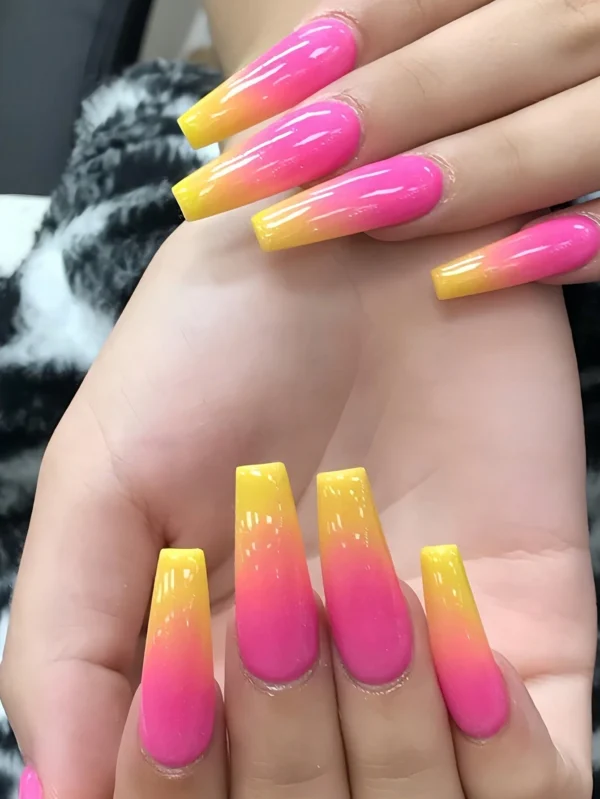 SHEIN 24pcs/Set Long Two-Color Gradient Northern Lights Metallic Mirror Ballerina Press On Nails