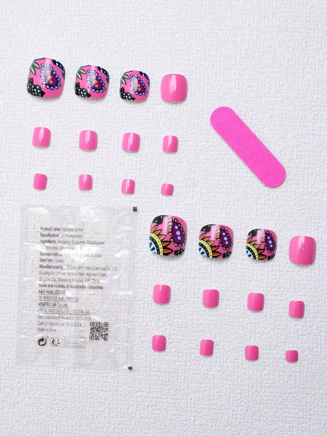SHEIN 24pcs Fancy Square-Shaped Press-On Toenails With Colorful & Dazzling Pattern Design, - Image 2