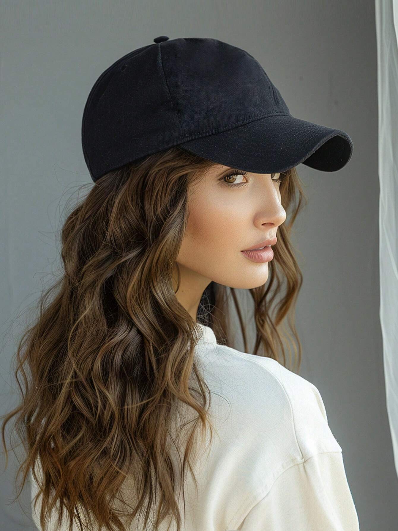 SHEIN Black Baseball Cap With Wide Brimming, Patchwork Black And Brown Synthetic Hair Wig With Wavy Curly Hairstyle,