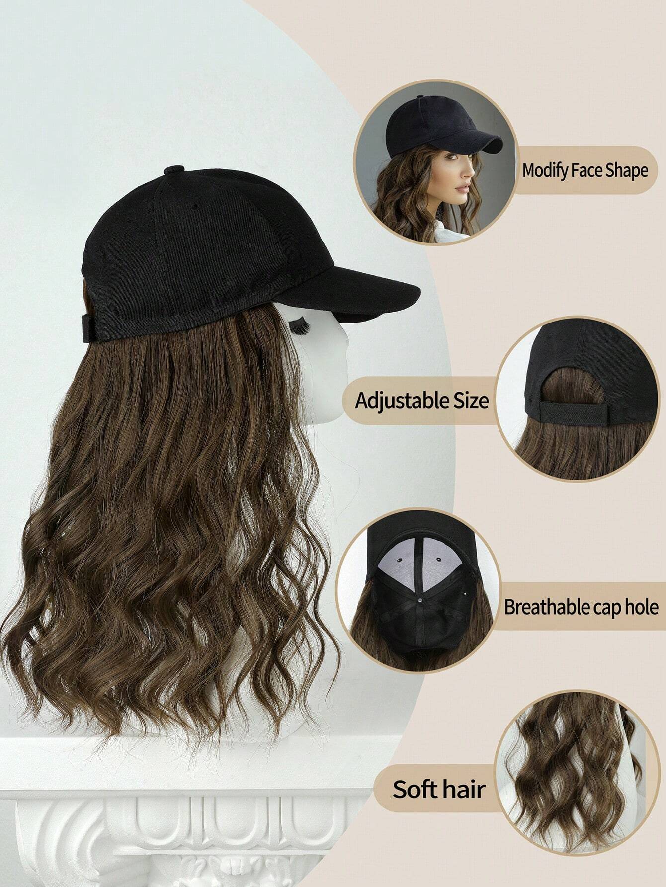 SHEIN Black Baseball Cap With Wide Brimming, Patchwork Black And Brown Synthetic Hair Wig With Wavy Curly Hairstyle, - Image 2