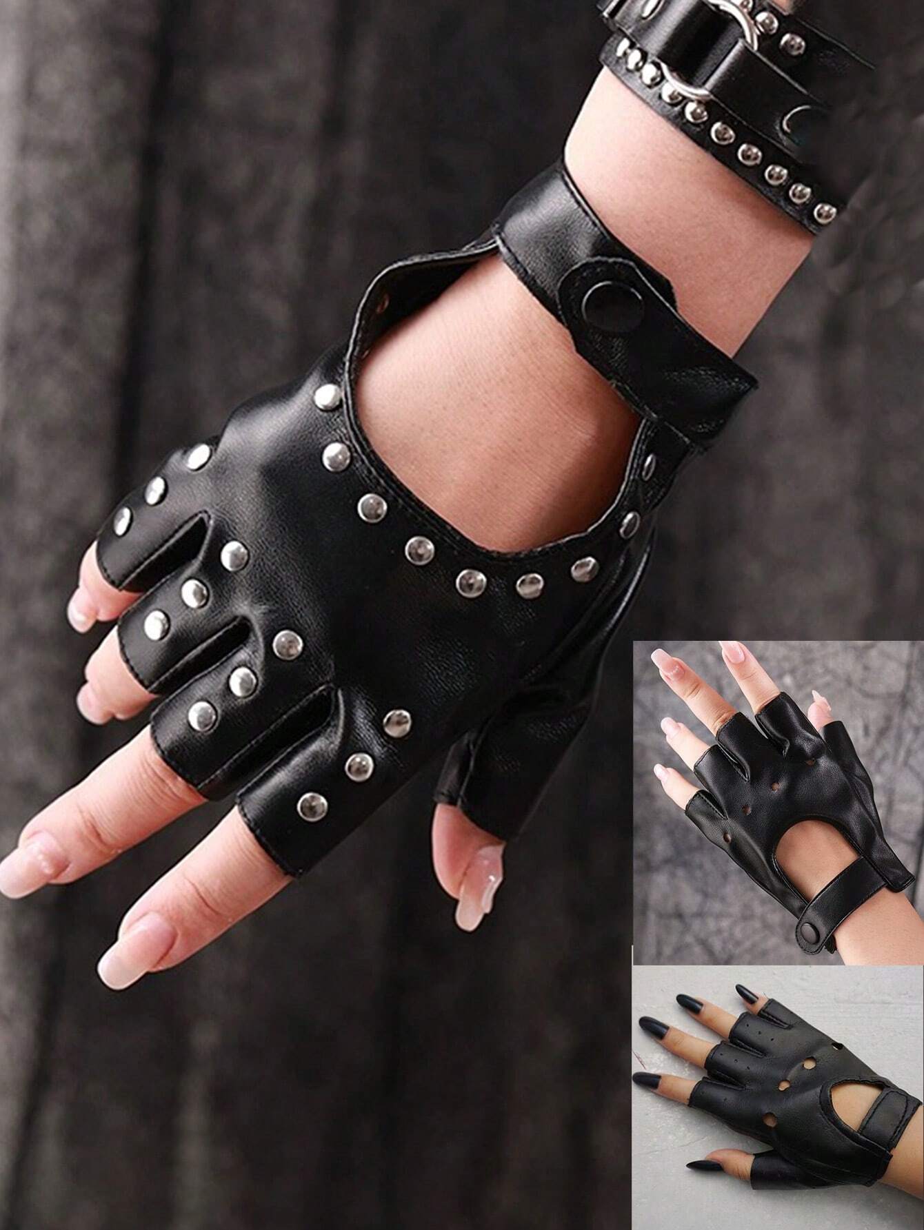 shen Black Rivet Punk Style PU Leather Breathable Short Gloves With Exposed Fingers