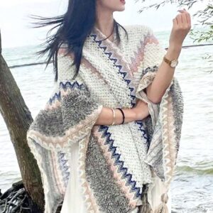 Boho 1pc Women's Knitted Cape Shawl With Fringe Detailing, Vintage Pattern Women by shein 