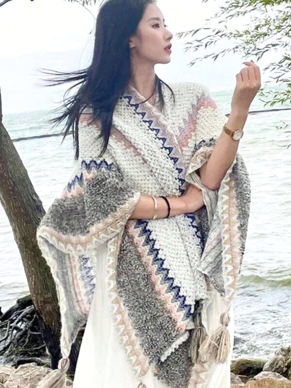 Boho 1pc Women's Knitted Cape Shawl With Fringe Detailing, Vintage Pattern Women by shein 