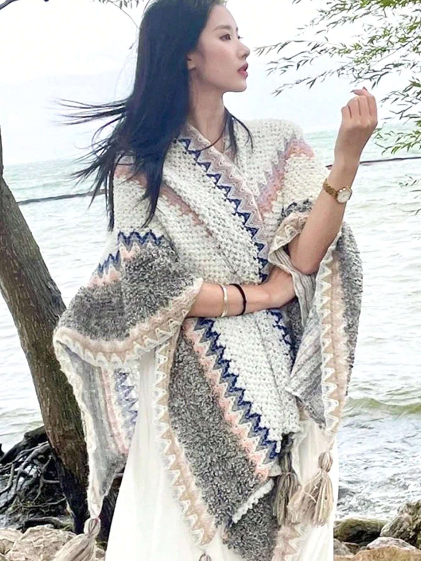 Boho 1pc Women's Knitted Cape Shawl With Fringe Detailing, Vintage Pattern Women by shein
