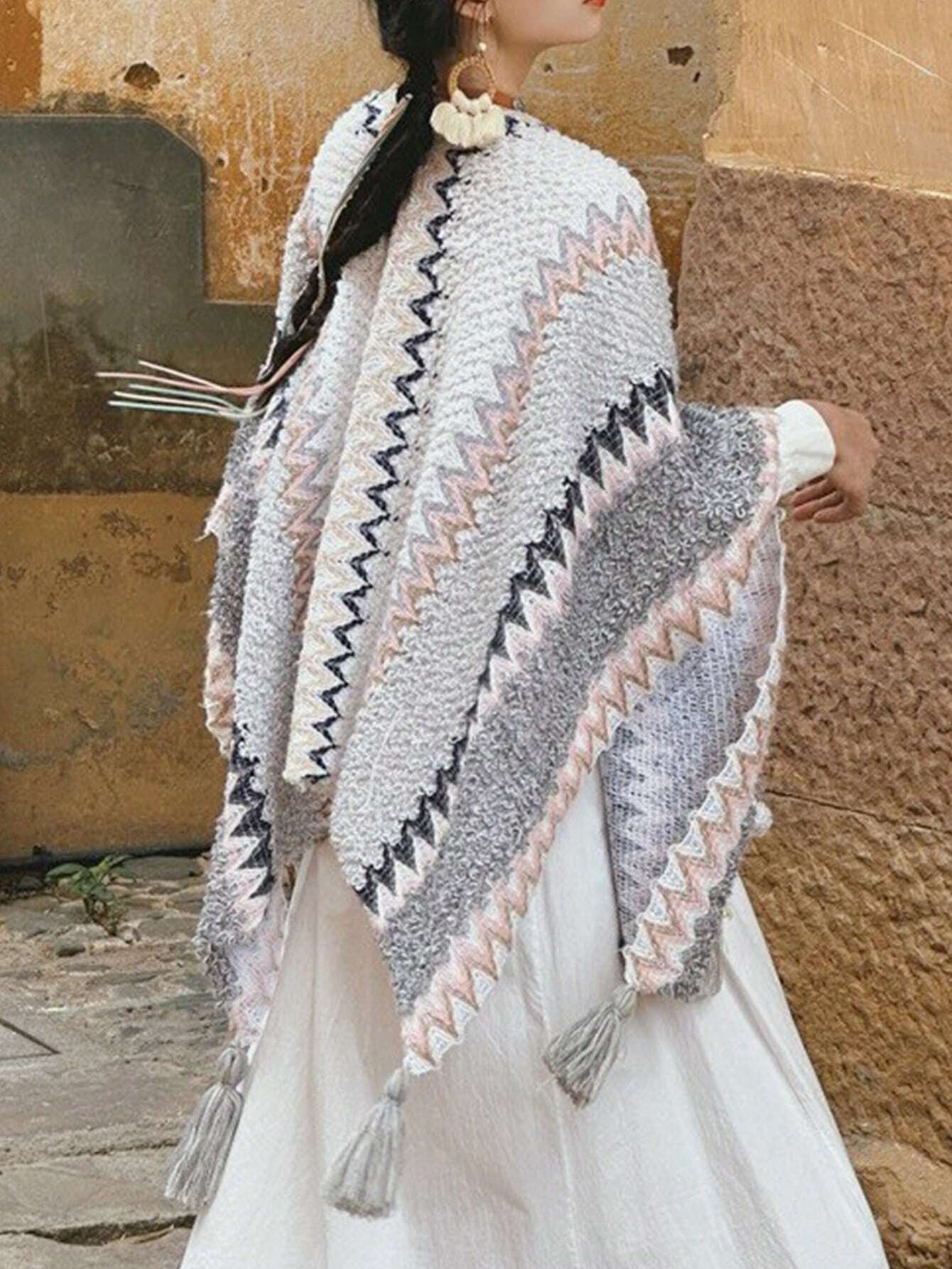 Boho 1pc Women's Knitted Cape Shawl With Fringe Detailing, Vintage Pattern Women by shein