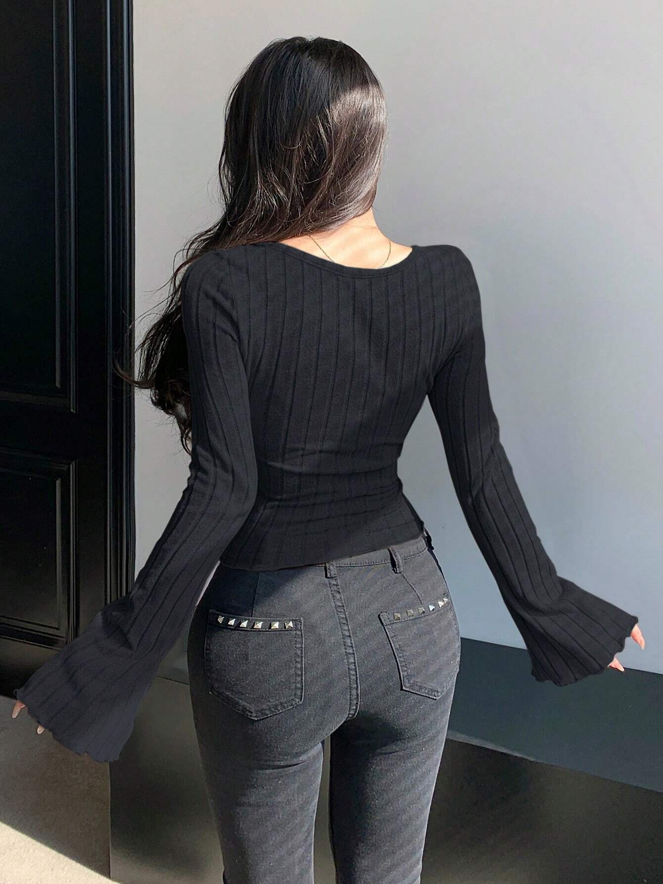 SHEIN DAZY Solid Color Ribbed Knitted Cross Hollow Out Long Sleeve T-Shirt - Image 2