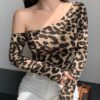 SHEIN Dazy Star Women's Leopard Print Long Sleeve Off-Shoulder Fitted T-Shirt
