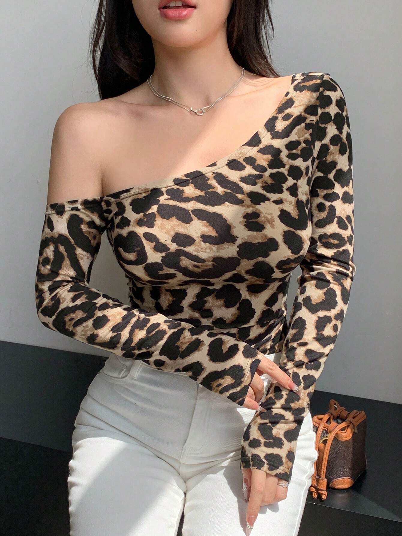 SHEIN Dazy Star Women's Leopard Print Long Sleeve Off-Shoulder Fitted T-Shirt