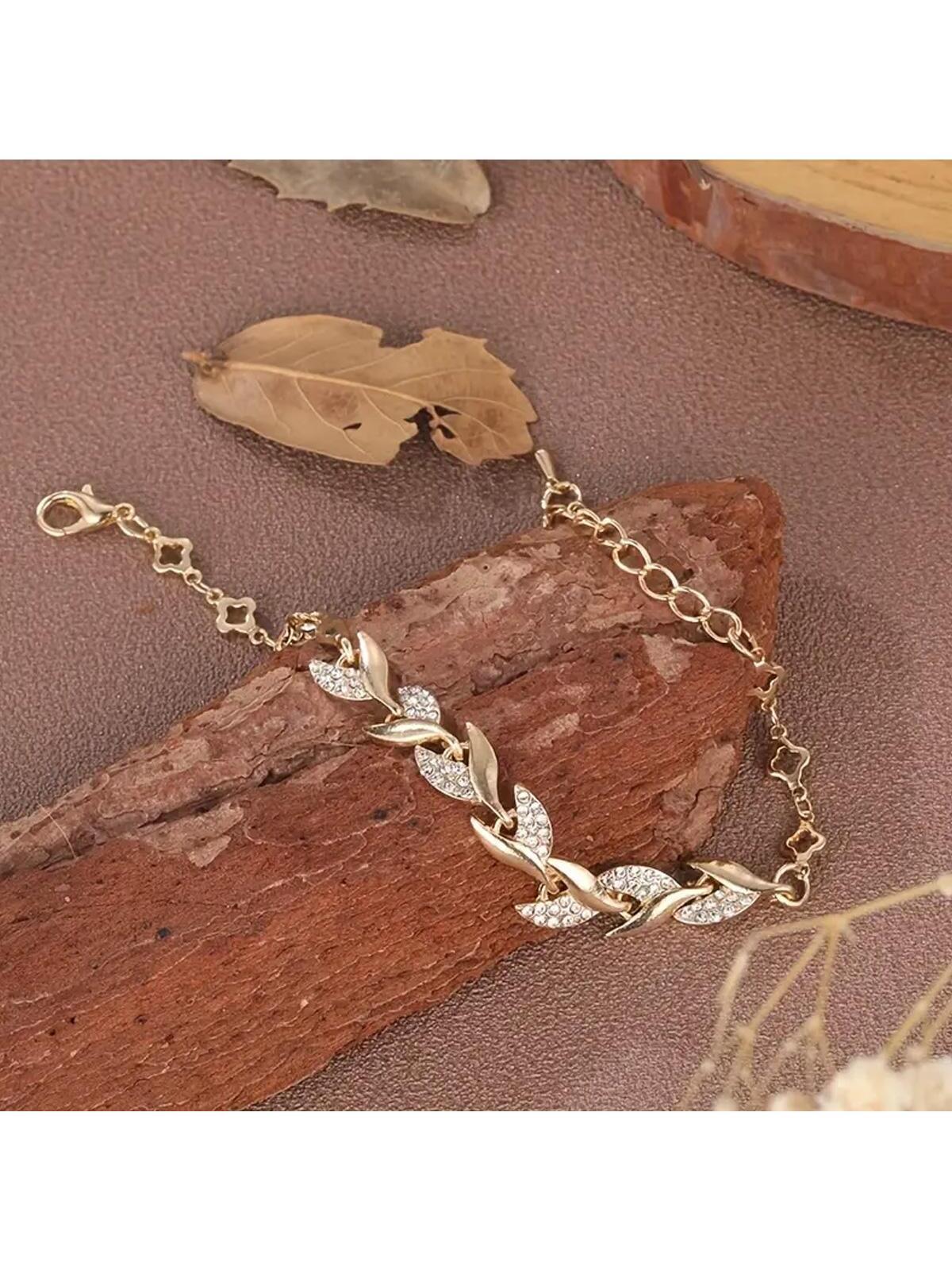 shein En Leaf Bracelet, Bridal Jewelry Women Rhinestone Inlaid Bracelet - Image 3