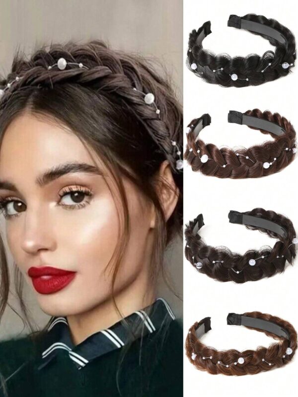 SHEIN 1pc Women Dark Brown Faux Pearl Braid Wig French Braid Fake Braid Headband Hair Accessories