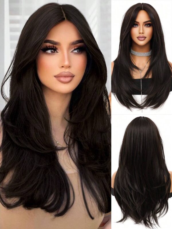 SHEIN Black Brown Wig Elegant Simple Chemical Fiber Heat Resistant Wig Long Straight Hair Wig Natural