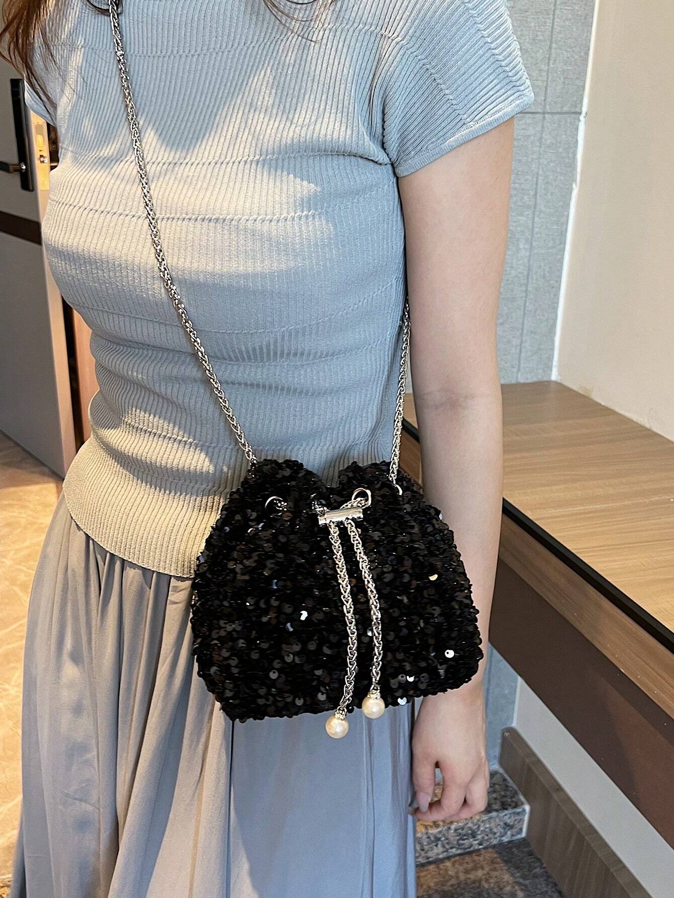 shein One Chain Drawstring Closure PVC Bucket Bag - Image 2