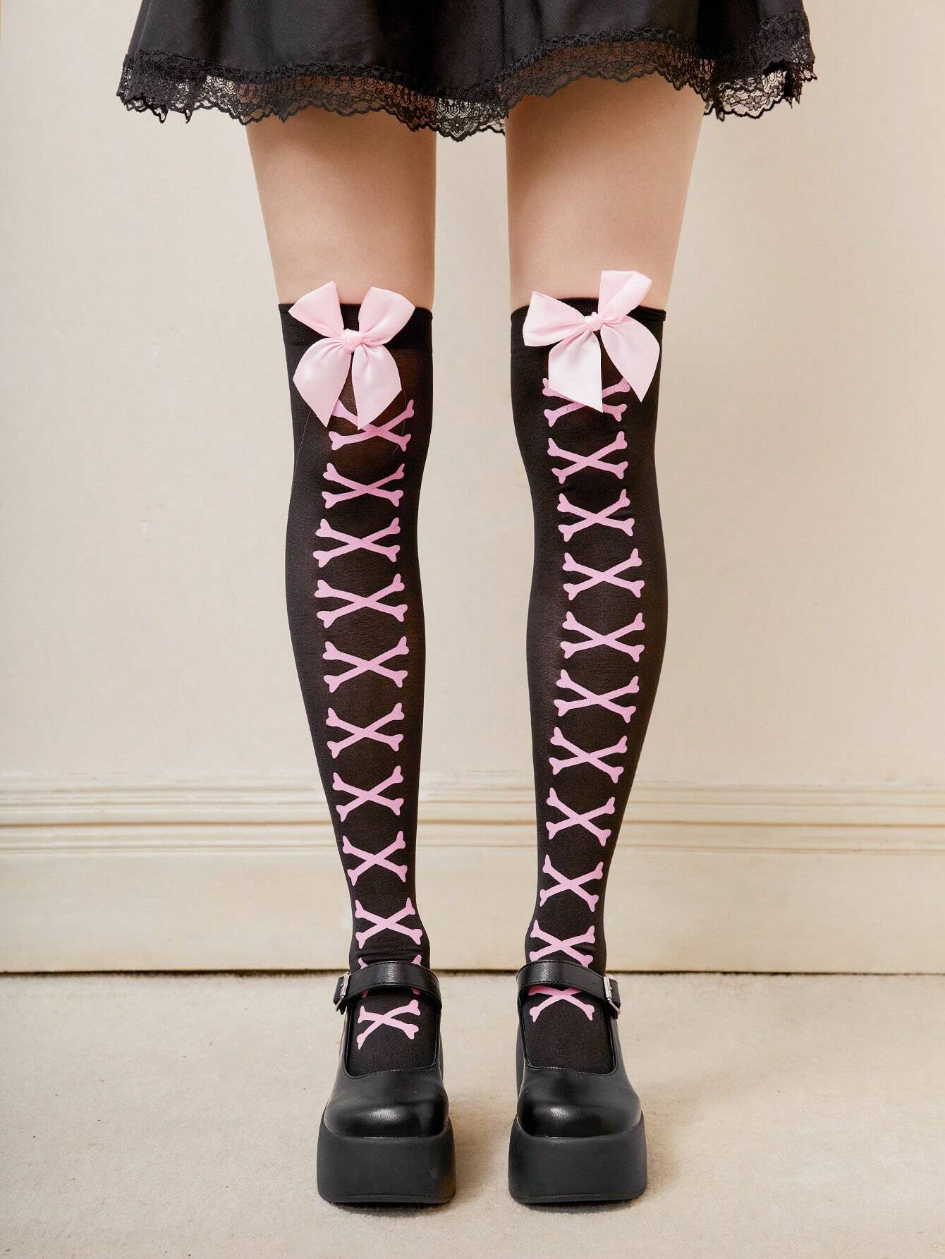 SHEIN ROMWE J-Fashion 1pair Women Bone Print Bow Decor Over The Knee Socks