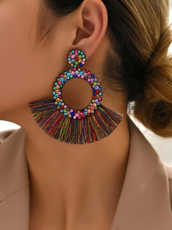 SHEIN Rhinestone Decor Tassel Drop Earrings