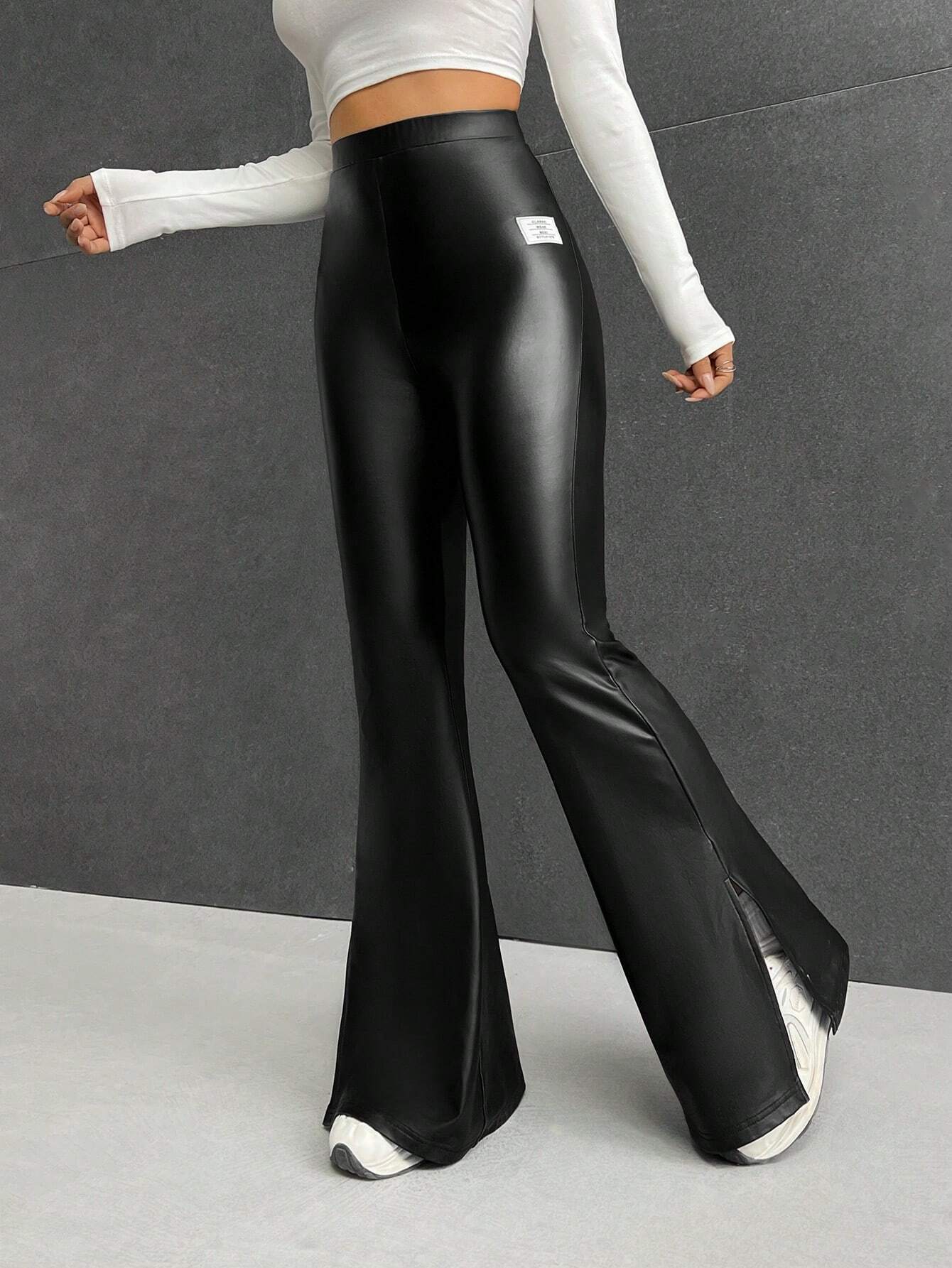 SHEIN EZwear Letter Patched Detail Split Hem Flare Leg Pants