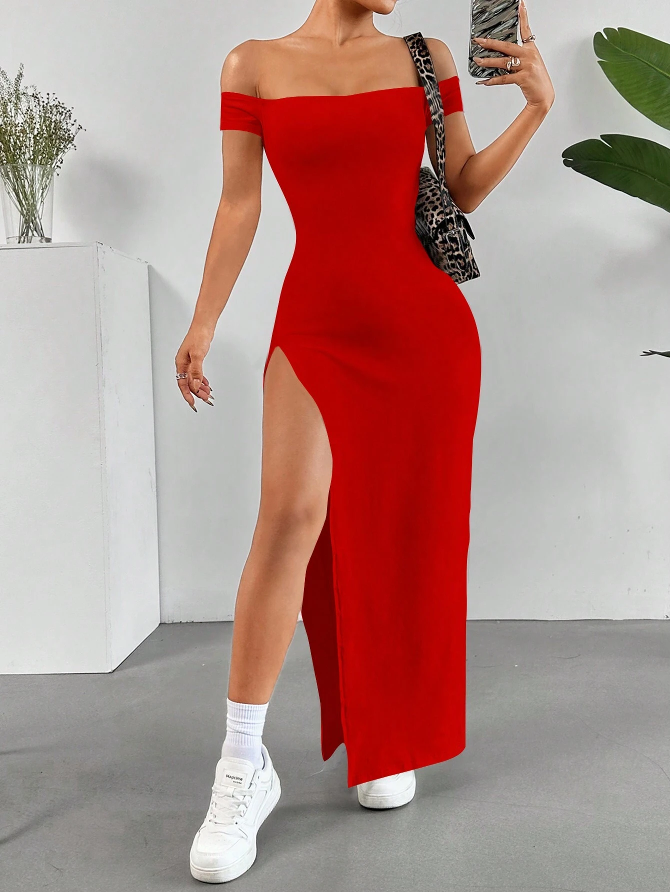 SHEIN EZwear Women's Summer Solid Off Shoulder High Slit Dress, Elegant