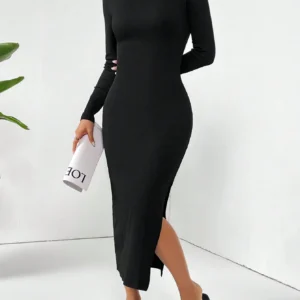 SHEIN Essnce Solid Color Ribbed Knit Side Slit Dress