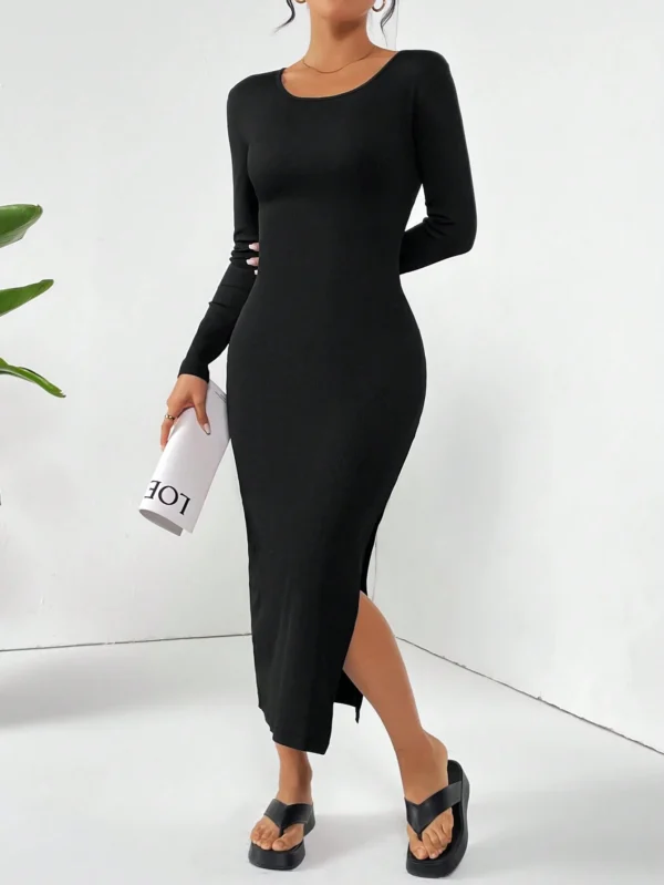SHEIN Essnce Solid Color Ribbed Knit Side Slit Dress