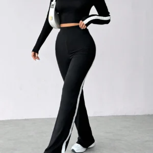 SHEIN MOOSTA Women's Color-Blocked Long Sleeve Crop Tee And Pants Set