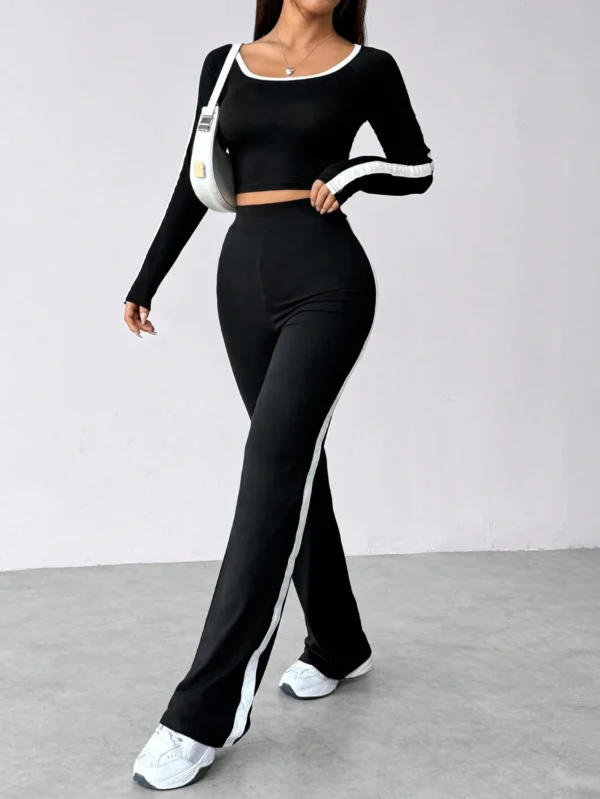 SHEIN MOOSTA Women's Color-Blocked Long Sleeve Crop Tee And Pants Set