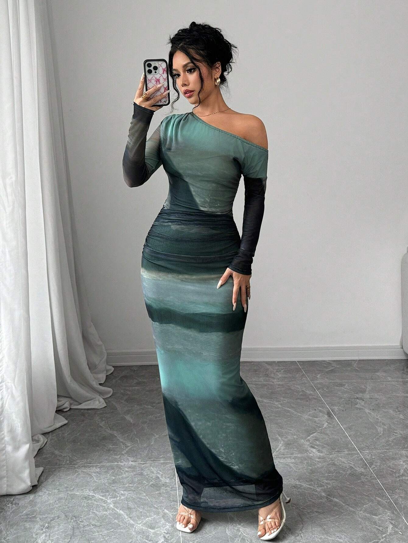 SHEIN Raffinéa Green Tie-Dye Wide Shoulder Ruched Side Bodycon Dress