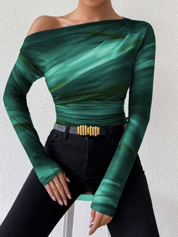 SHEIN Raffinéa Marble Ombre Print Asymmetric Ruched Long Sleeve Top