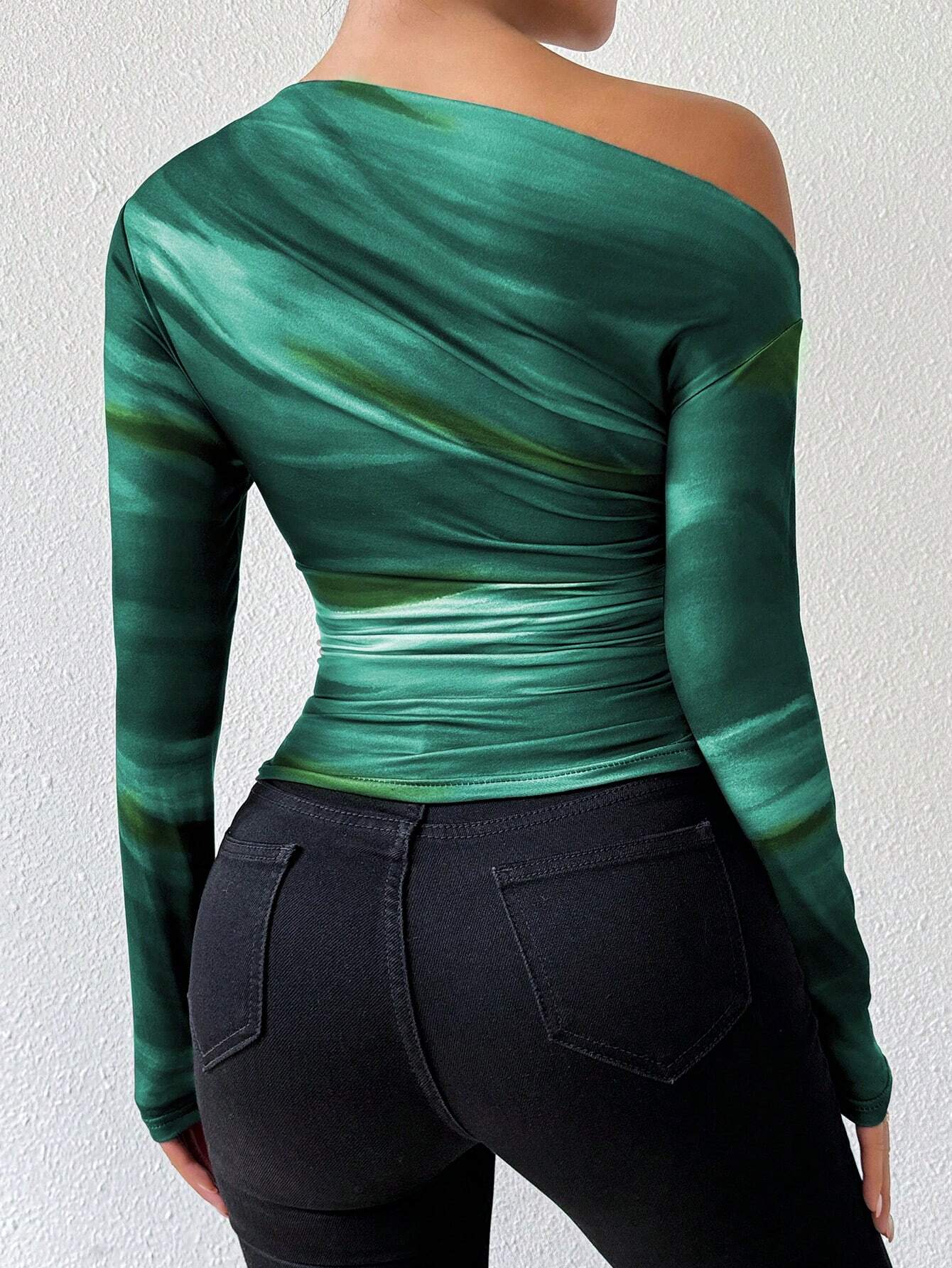 SHEIN Raffinéa Marble Ombre Print Asymmetric Ruched Long Sleeve Top - Image 2